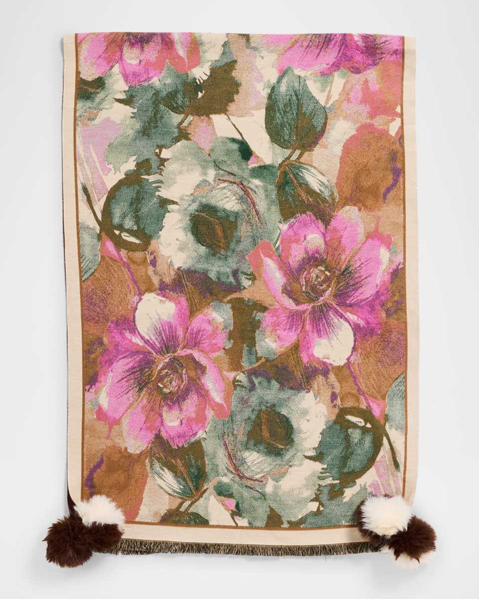 Floral-Print Scarf W/ Faux Fur Poms
